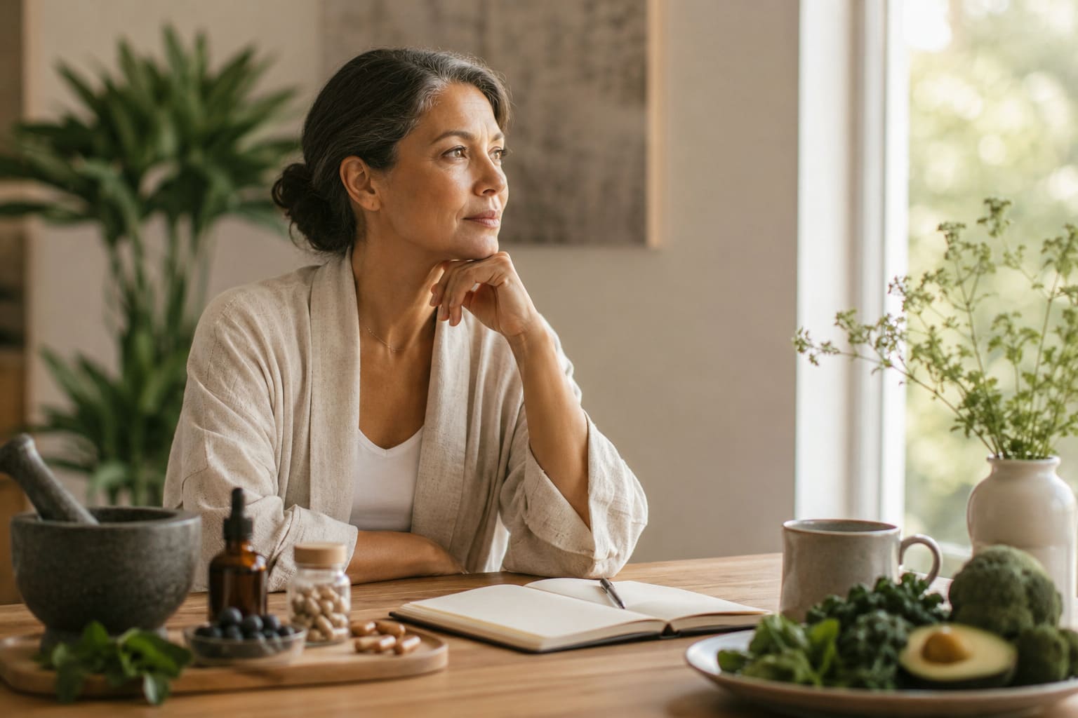 A woman reflecting at home with herbs, supplements, and gut-supportive whole foods